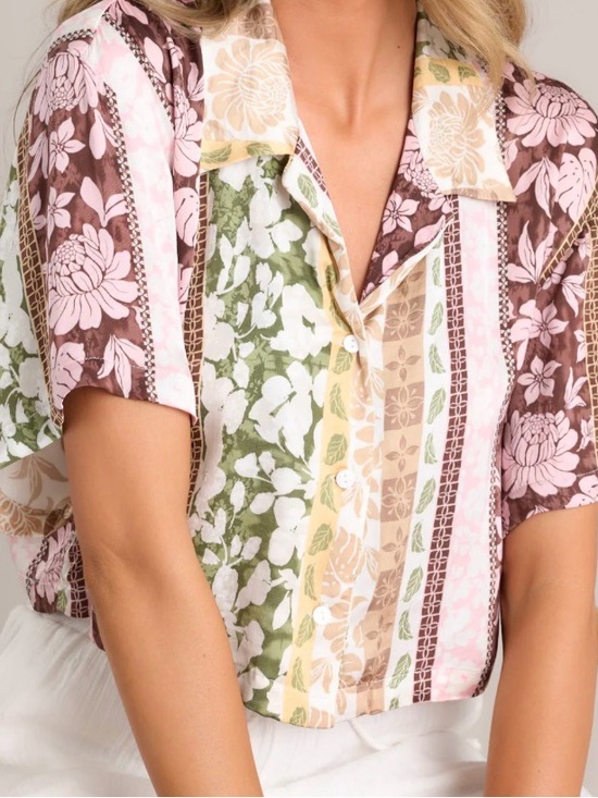 Surf Gypsy Tops - Satin Floral Patchwork Print Button Shirt - Pink, Brown, Green size small